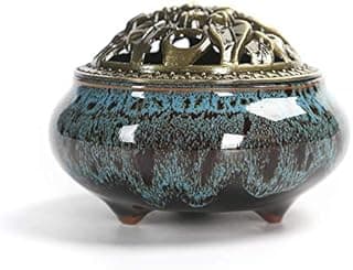Queimador de incenso de cerâmica, suporte de queimador de incenso em bastão de cone de bobina, assento de incenso para ornamentos de casa, decoração zen de incensário em disco (azul fambe)