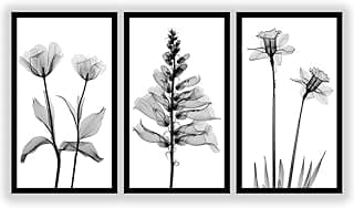 Kit 3 Quadros Decorativos Grandes com MOLDURA Flores Minimalista Preto e Branco