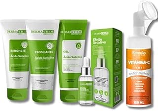 Kit Skincare Anti Oleosidade e Acne Sabonete + Esfoliante + Gel Hidratante + Sérum Secativo anti espinhas 30ml + Mousse Limpeza Facial Vitamina C 150ml - 5 ITENS