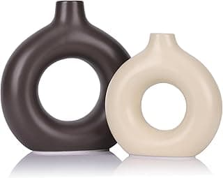 Conjunto de 2 vasos de rosquinha marrom e creme - vasos ocos circulares, vasos de cerâmica fosca modernos para entrada, sala de estar, quarto, mesa de jantar, centro de mesa, escritório, decoração de