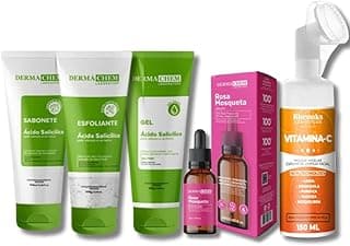 Kit Skincare Anti Oleosidade e Acne Sabonete + Esfoliante + Gel Hidratante +Sérum Rosa Mosqueta Clareador de manchas e hidratante 30ml + Mousse Limpeza Facial 150ml - 5 ITENS