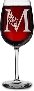 Taça de vinho com monograma floral personalizado com inicial gravada de 473 ml copo para mulheres, presente personalizado para seu aniversário e ocasiões especiais (M)