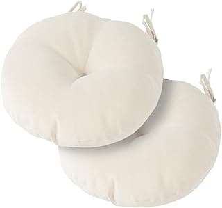 Magpie Fabrics Conjunto de 2 almofadas redondas para assentos de bistrô para ambientes externos, 38 x 38 x 10 cm, com laços, para casa, jardim, varanda, escritório, varanda, branco, creme reciclado