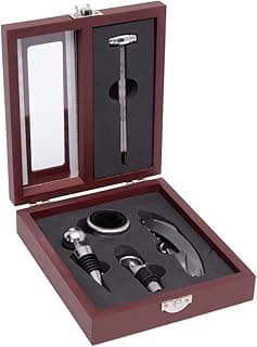 Mimo Style Jogo Para Vinho Com 5 Pçs e Estojo de Madeira, Inclui Saca-Rolhas, Anel Salva Gotas, Termômetro, Tampa e Bico Dosador, Produzidos em Inox, Material Neutro e Inodoro
