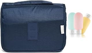 Kit Viagem Necessaire Organizadora Bolsa De Viagem + 3 Frascos de Silicone para Shampoo, Condicionador Creme, Higiene Pessoal Cabide GANCHO, Maquiagem (Azul)