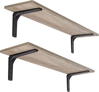 DINZI LVJ Prateleiras de parede longas, conjunto de 2 prateleiras montadas na parede, fácil de instalar, bordas de armazenamento de parede com suportes de metal resistentes para sala de estar, banheiro, quarto, cozinha, cinza