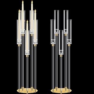Barydat 2 peças centrais de candelabro de acrílico transparente castiçal de cristal de 5 braços com coluna de cúpula de acrílico para ajuste de vela de LED de 2,24 cm para jantar de casamento (ouro)
