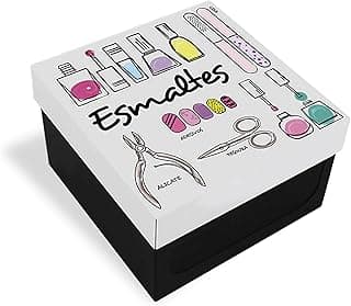 Geguton - Caixa Esmalte - Aço com 2 Divisórias e Viseira - Organização e Decoração - Preto Fosco e Branco com Estampa