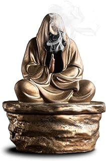 Suporte de incenso de cerâmica para cone e bobina - suporte de queimador de incenso decoração zen com design de estátua de Buda proteção contra o mal - 12 cm C x 9,6 cm L x 15,7 cm A (ouro)
