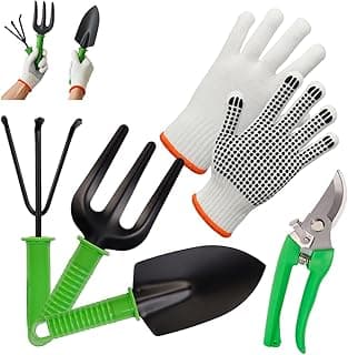 Kit para Jardinagem 5 Peças - Pá, Garfo, Ancinho + Tesoura de Poda + Luva