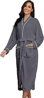 Roupão feminino waffle de manga comprida com cinto e bolsos, casaco de casa leve P-2GG