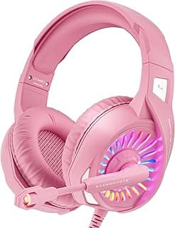ZIUMIER Z20 Fone de ouvido rosa para jogos com microfone, compatível com PS4 PS5 Xbox One PC Laptop, fones de ouvido supra-auriculares com luz LED RGB, microfone com cancelamento de ruído, som