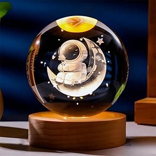 Luminária Bola de Cristal 3D LED Decoração com Base de Madeira USB Luminosidade e Efeitos Visuais (Astronauta na Lua)