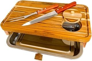 Kit Churrasco com Tábua para Churrasco em Madeira com Gaveta, Faca e Garfo, para Corte de Carnes