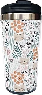 Caneca de café de viagem floral e gato fofo com tampa de enchimento, copo com isolamento de flor de aço inoxidável, 400 ml, presente de Natal para homens, mulheres, pai, mãe, irmã, amiga,