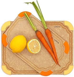 Elihome Conjunto de tábua de corte de cozinha 2 em 1 da série Premium, pés antiderrapantes, codificado por cores com ícone alimentar, fibra de madeira natural, lavável na lava-louças, ecológico,