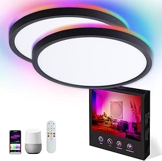 VocgoUU Pacote Com 2 Luzes De Teto Inteligentes De 12 Polegadas, Pretas, Rgb, Compatíveis Com Alexa, Controle Remoto, Wifi E Aplicativo Tuya - Luminária De Montagem Embutida De Led De Perfil Baixo C