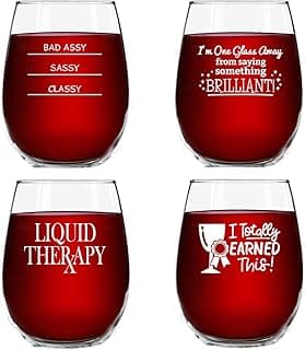Conjunto de 4 copos de vinho sem haste engraçados (35 ml) - presente divertido de vinho, para mulheres, festas, eventos, festas divertidas - taça de vinho para amantes de vinho com frases engraçadas