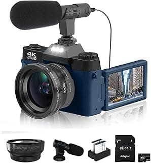 Câmera Digital 4K 56Mp Para Vlogs No Youtube Com Tela Flip De 3,0'' E 180°, Wi-Fi, Zoom 16X, Lente Grande Angular Macro, Bateria Recarregável, Cartão Micro Sd 64 Gb (Kit Essencial, Azul-Marin