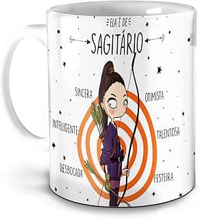 Caneca Signo de Sagitário, Porcelana Branca, 325ml, Decorada com Características do Signo e Constelação
