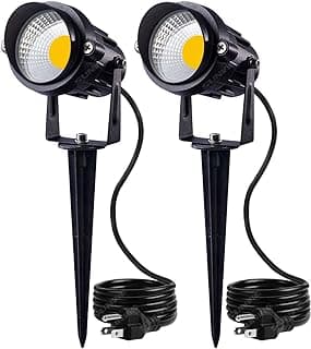 Iluminação LED para paisagem externa 12 W luzes graduadas à prova d'água COB com suporte pontiagudo para lâmpada decorativa de gramado EUA 3 plugues 3000K branco quente (2 pacotes)