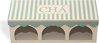 Geguton - Caixa Chá Bistrô - Aço com 3 Compartimentos e Viseira - Organização e Decoração - Bege Fosco com Estampa