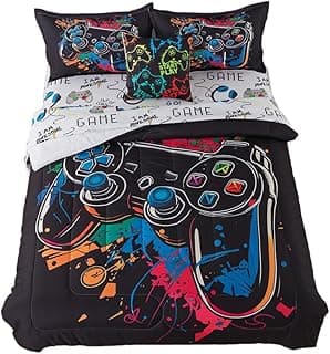 qjmiaofang Jogo de cama casal para meninos, 6 peças, para crianças, adolescentes, jogo de cama com lençol de microfibra macia, videogame, design de console, conjunto de cama com gamepad e fone de