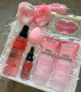 Porán Kit Skin Care Facial Rosa Mosqueta, 7 Itens com Sérum Facial, Esfoliante, Máscara Hidratante, Faixa de Cabelo, Toalha e Espátula para Limpeza e Hidratação Intensa