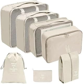 Kit Organizador de Malas Para Viagem Conjunto Organizador de Bagagem 7 Peças Bolsa Organizadora Para Roupas Acessórios Sapato Estojo de Maquiagem Cosméticos (Creme)