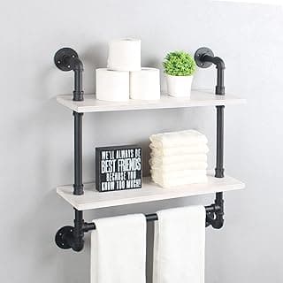 Prateleiras de tubos de ferro prateleiras industriais de banheiro com barra de toalha, prateleiras flutuantes de tubo de metal rústico de 61 cm, prateleira de parede de tubo, prateleira industrial de