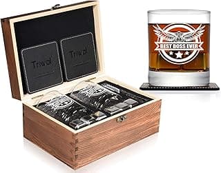 Best Boss Ever Whiskey Pedras de vidro presentes para chefe, masculinos engraçados para o dia de aniversário para chefes, supervisores de escritório, administrador, mentor, treinador, amigos, bourbon Scotch Glass conjunto de presente