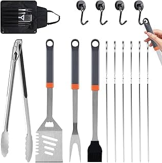 HE-SANQI Kit De 15 Acessórios Para Churrasco Em Aço Inoxidável, Ferramentas Premium Com Ganchos E Avental Armazenamento, Conjunto Utensílios Grelhar Ao Ar Livre, Cozinhar, Acampar, Presentes O Dia D