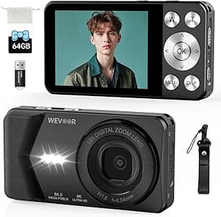 Câmera digital 4K, câmera digital Wevoor 64 MP Point and Shoot com foco automático, zoom 18X, 20 filtros, cartão SD de 64 GB, bateria de 2000 mAh, câmera vlogging compacta de tela de 2,8 polegadas