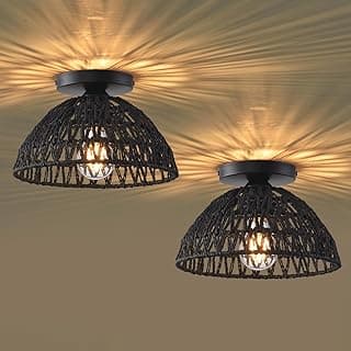 Pacote com 2 luminárias para casa de fazenda de 25,9 cm H, luz de teto de montagem semi-embutida boho de vime preto, luminárias de corredor tecidas à mão para entrada do quarto