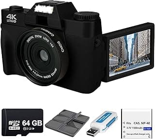 Câmera Digital 4K 56Mp Para Fotografia Com Tela Flip De 3'' 180°, Wi-Fi, Zoom 16X, Bateria Recarregável, Cartão Micro Sd 64 Gb, Suporte 6 Cartões E Leitor Usb (Preto)