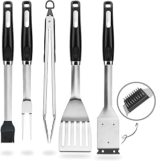 Charmline Conjunto De 5 Acessórios Para Churrasco Em Aço Inoxidável, Ferramentas Grelhar Ao Ar Livre Com Escova Limpeza, Espátula, Garfo, E Pinça - Presentes Homens Mulheres
