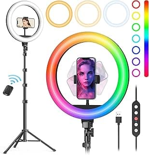 Ring light Weilisi de 25,4 cm com suporte de 182 cm de altura e suporte de telefone, luz de selfie com 38 modos de cores e tripé, LED regulável/vel. contínua, iPhone e Android, YouTube, maquiagem