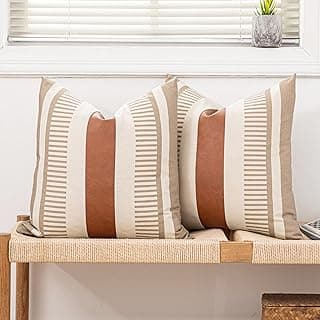 Farmhouse Capas de almofada decorativas 45,7 x 45,7 cm Neutral Boho Capa de almofada de couro sintético, bege e bege (Apenas capa, pacote com 2)