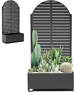 Treliça de metal com caixa de plantador para plantas trepadeiras, canteiros de jardim elevados com tela de privacidade e rodas, caixa de flores em pé com orifícios de drenagem (89 cm C, arco preto)