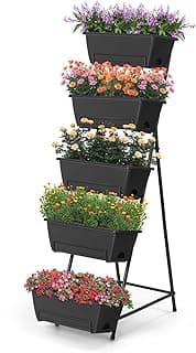 Caixa de plantio vertical de 5 níveis, canteiro vertical elevado com orifícios de drenagem para ambientes internos e externos, ervas, flores, vegetais, plantas, cinza