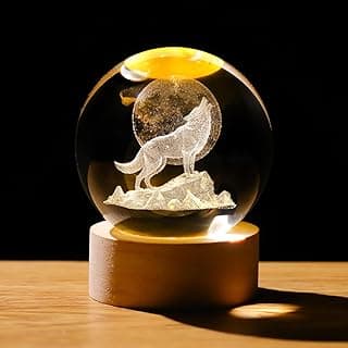 Estatueta de bola de lobo 3D de cristal de 6 cm para homens, esfera de arte de animais de vidro colecionável para quarto com base de luz de madeira, lembranças para amantes de lobos, decoração de