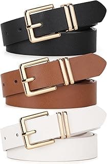 UnFader Pacote com 3 cintos femininos para calças jeans, cintos de couro com fivela dourada, 1 - preto + marrom + branco, S for waist size 27"-32"