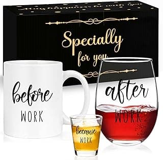 Futtumy Conjunto de presente Before Work After Work 325 ml, caneca de café de 482 g, copo de vinho sem haste, 59 g, conjunto de copos de shot para chefe colega de trabalho líder de manjedoura,