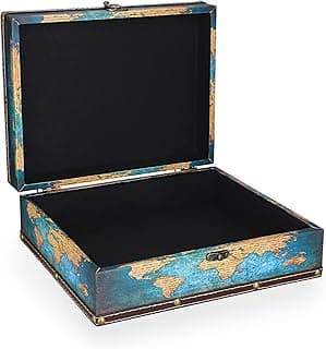 ELLDOO Caixa decorativa de tesouro, caixa de armazenamento de madeira + couro PU para fotos de bijuterias, caixa de lembranças retangular para presentes de meninas e mulheres, padrão de mapa verde