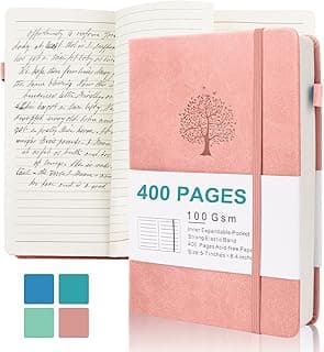 Diários para escrever, caderno pautado em couro A5 com 400 páginas, diário pautado pela faculdade de 100 g com papel grosso, capa dura com bolso interno e suporte para caneta, rosa