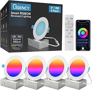 Ligency Iluminação Embutida Inteligente de 4 Polegadas, Luz de Teto Ultrafina Led de 9 W Sem Caixa com J-Box, Funciona com Alexa/Google Assistant/Controle Remoto, 120Lm/W, Pacote de 4