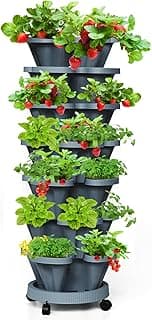 Torre de jardim vertical de morango, plantador empilhável de 7 camadas, plantador de ervas com rodízios móveis e pires inferiores internos e externos - cinza escuro