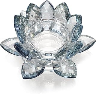 OwnMy Castiçal de flor de lótus de cristal azul da Croácia, decoração decorativa de cristal de lótus, candeeiro de vela votiva de flor de vidro brilhante, suporte de vela votiva para mesa de jantar de