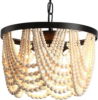 Farmhouse Boho Luminária de Teto Embutida, Lustres de Contas de Madeira com 3 Luzes, Iluminação Pendente Suspensa Boêmia de Metal Preto, Lustre Pequeno para Quarto, Sala de Estar, Entrada, Corre