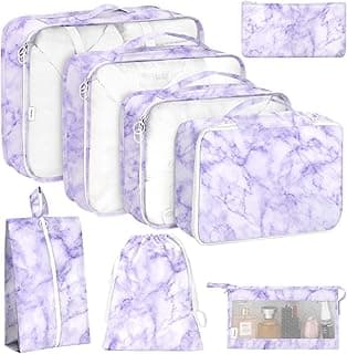 KPX Conjunto Com 8 Cubos De Embalagem Para Viagem, Organizadores Bagagem, Acessórios, Artigos Higiene Pessoal, Roupas, Sapatos, Cosméticos (Conjunto - Mármore Roxo)